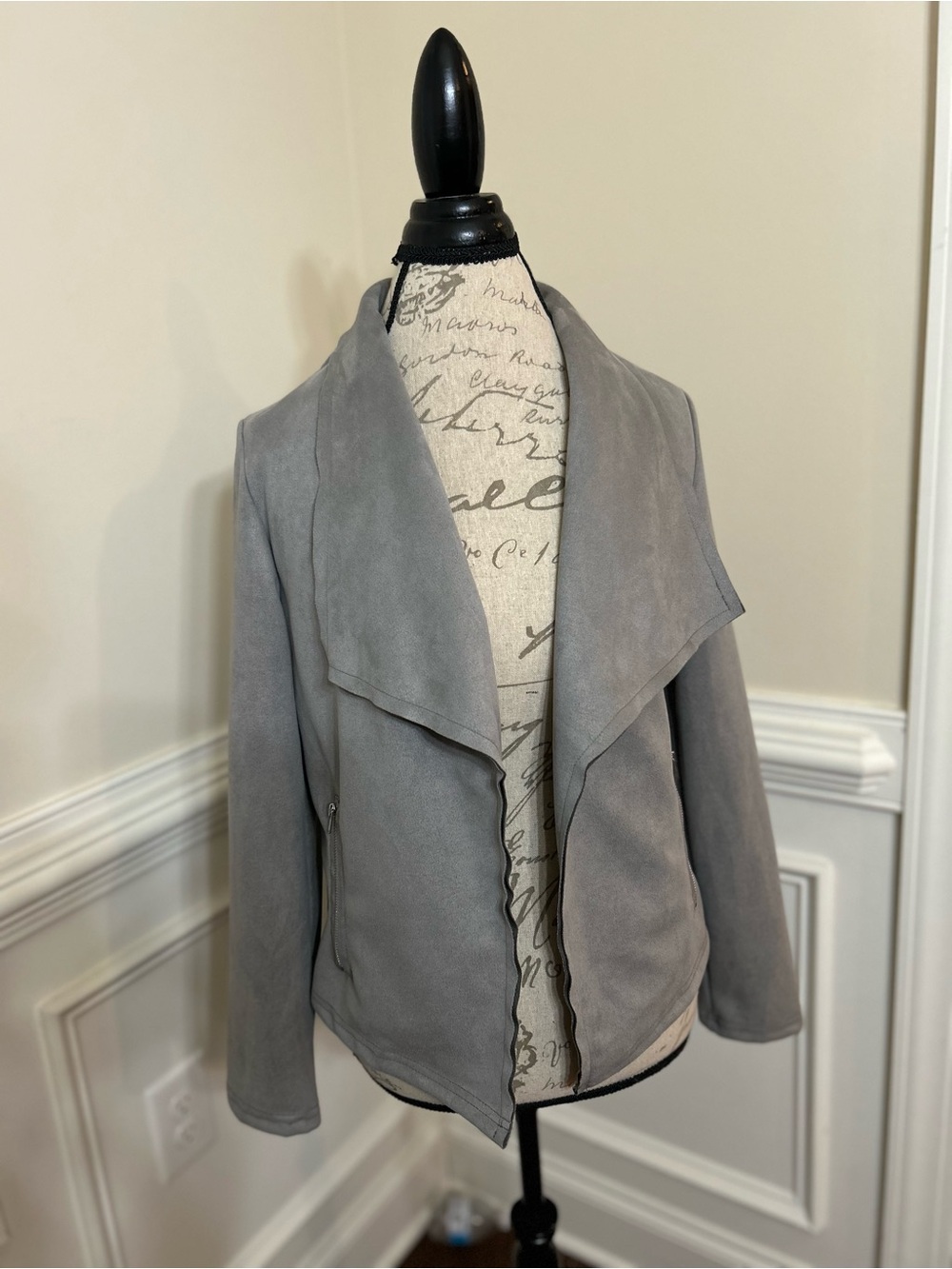 Women’s Gray Suede Open-Drape Leather Jacket